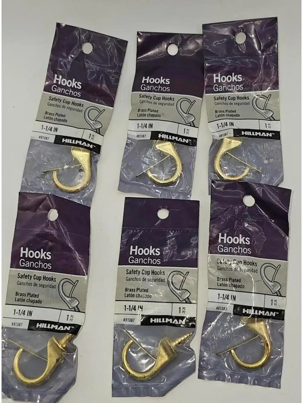 Hillman Brass Plated Safety Cup Hooks 1-1/4 Inch - 6 Pack